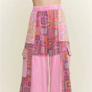 J.her Boutique Patchwork Pink Boho Wide leg High Rise Pants. NWOT. Size Large